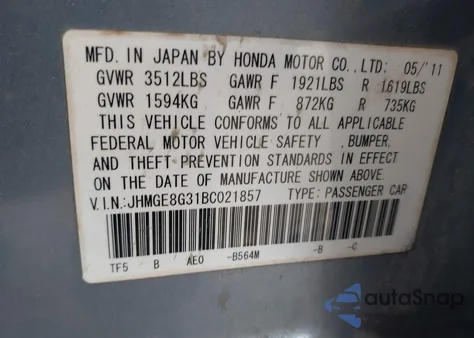 2011 Honda Fit from USA, damaged, VIN JHMGE8G31BC021857